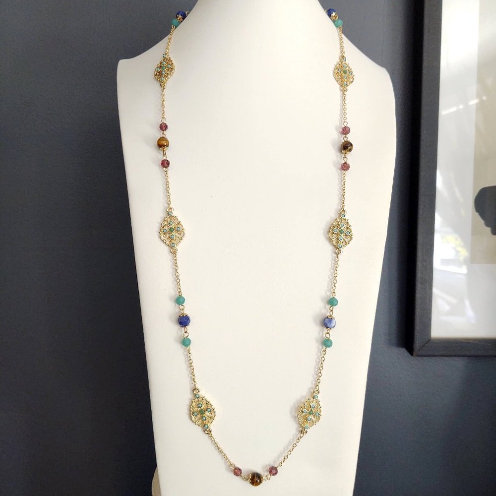 Chaps long gold necklace with filigree, blue, tigers eye and amethyst beads